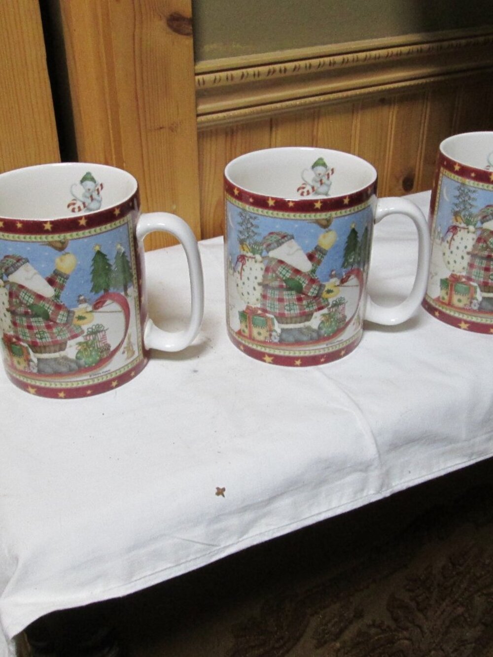 VTG AMCAL DEBBIE MUMM 3 SANTA SLEDDING MUGS SIGNED FRONTS
